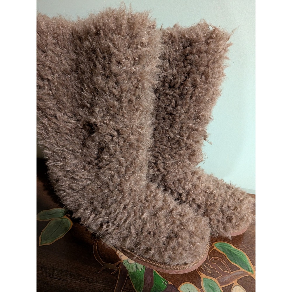 Faux Fur Shaggy Mid Calf Boots Taupe Brown Fuzzy Shearling Style Pull On Flat